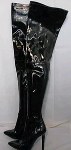 Missguided Black PVC Thigh High 1/4 ZIP Up Pointed Womens Boots Size 3 UK - Picture 1 of 14