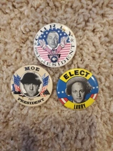 VINTAGE PINS THE 3 THREE STOOGES ELECT MOE, LARRY & CURLY BUTTON PINBACKS - Picture 1 of 5