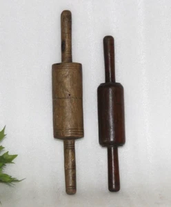 2PC Original Antique Hand Carved Wooden Big Chapati Bread Rolling Pin Belan - Picture 1 of 7