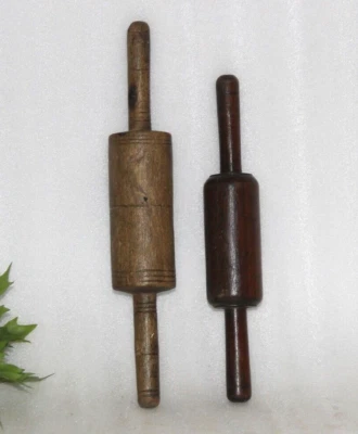 2PC Original Antique Hand Carved Wooden Big Chapati Bread Rolling Pin Belan - Image 1 of 4