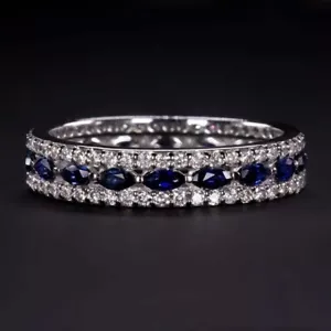 Marquise Cut Simulated Blue Sapphire Women's Band Ring In 14k White Gold Plated - Picture 1 of 4