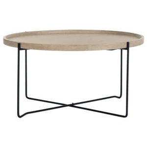 SAFAVIEH Side Table 29"x29"x15" Round Wood Top Light Oak + Black Metal Base - Picture 1 of 8