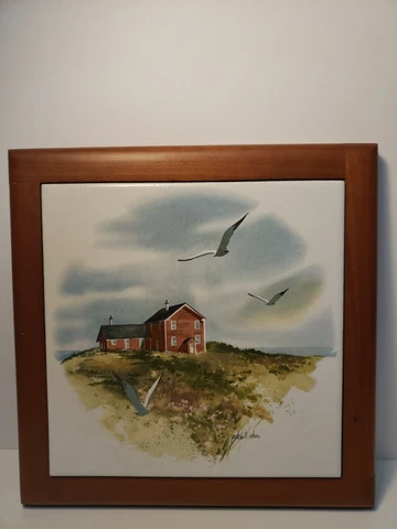 Signed Vintage Patchell Olson Framed Tile Art, Trivet, Boat House 8"×8" Cover