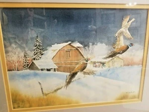 SWEET WINTER PRINT of PAINTING 3 PHEASANTS FARM YARD OLD TRACTOR & BARN HOLUB - Picture 1 of 8