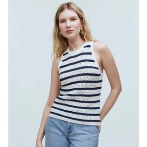 NWT Madewell Crochet-Knit Crewneck Sweater Tank In Bright Ivory Navy Size M A1 - Bild 1 von 7