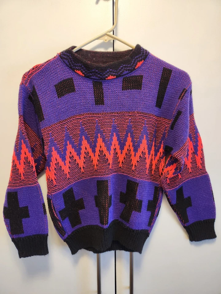 Suéter De Colección Años 80 XSTATX Juvenil Cuello Redondo Geométrico Multicolor Púrpura Negro Naranja Foto 1 de 4