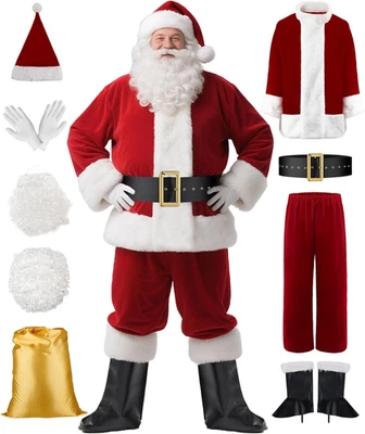 9PCS Men'S Santa Costume Deluxe Set Claus Professional Christmas Santa Suit Outf - Image 1 of 4