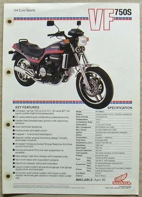 HONDA VF750S V4 EURO SPORTS MOTORCYCLE Sales Specification Leaflet April 1982 - Image 1 of 2