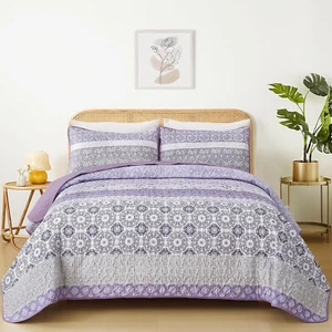 WONGS Boho Quilt Set Queen King, Lavendel Lila Bohemian Gestreift Patchwork - Bild 1 von 7