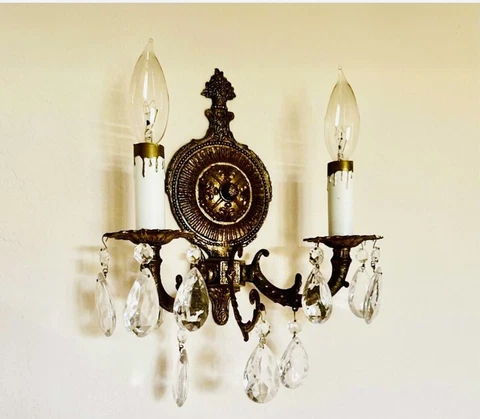 Pair Of Double Light Antique Bronze Brass Crystal Sconces Prisms Stunners! Cover