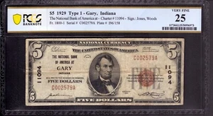 1929 $5 NATIONAL BANK NOTE CURRENCY GARY INDIANA PCGS B VF 25 - Picture 1 of 3