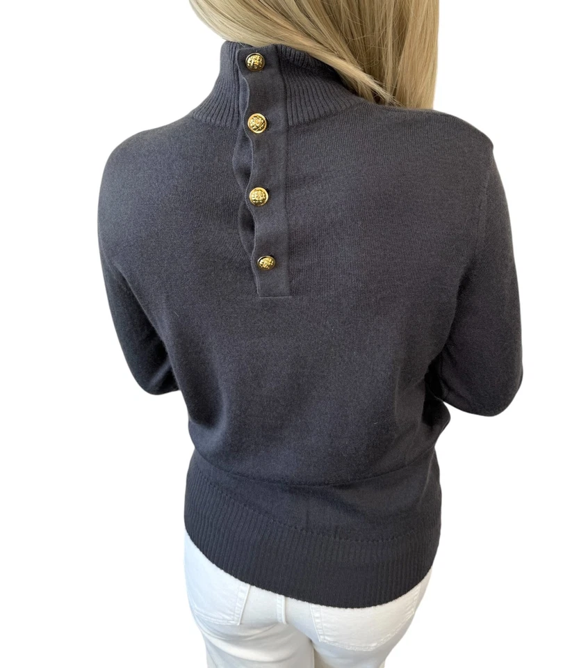 Suéter Top CHANEL Vintage Logo CC Cuello Alto #36 Gris Dorado Botón Lana RankAB+ Foto 1 de 4