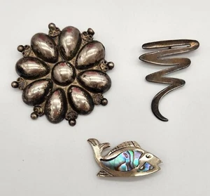 Vintage Taxco Mexico Sterling Silver Pins Lot Of Three Melicio Rodriguez MR Fish - Picture 1 of 10