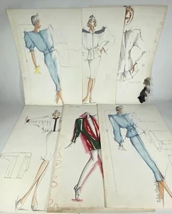 Six 1980s Vintage Orig. Fashion Sketches by Italian Designer Raffaela D'Angelo - Picture 1 of 11