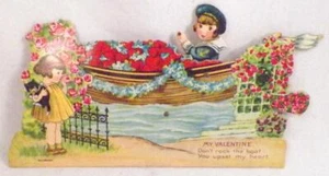 Valentine Card Don't Rock The Boat Boy Girl Mechanical Germany Vintage NICE #27 - Picture 1 of 4