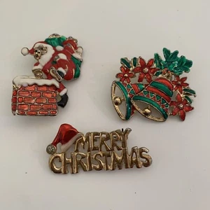Lot of 3 VTG Enamel Merry Christmas Fashion Lapel Pins SANTA BELLS Poinsettias - Picture 1 of 7