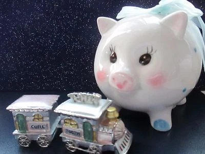 Tooth & Curl for Baby Teeth /1st curl enamel trinket & blue pig  polka dot bank  - Image 1 of 4
