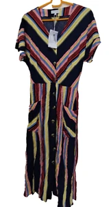 size 10 button front WAREHOUSE georgia striped midi dress with belt 2 pockets - Picture 1 of 12