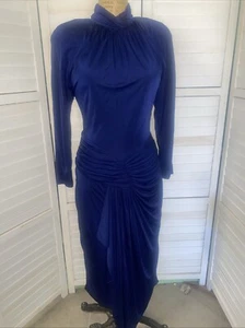 VINTAGE CASADEI 1980s Blue Draped Open Back Long Sleeve Dress Sz Large - Picture 1 of 11