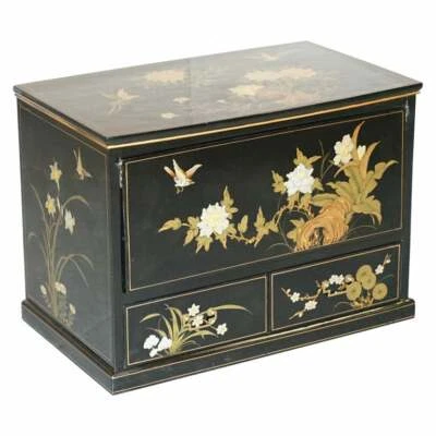 VINTAGE CHINESE CHINOISERIE TV MEDIA STAND BLACK LACQUERED PAINT BIRD & FLOWERS - Image 1 of 4