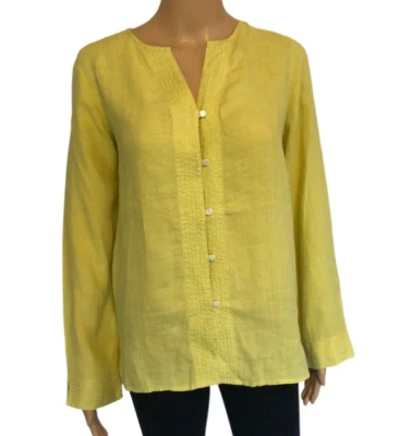 Liz Claiborne 亚麻束腰上衣,尺寸 PM 按钮前部宽松版型 Chartreuse 绿色 — 第 1/4 张图片
