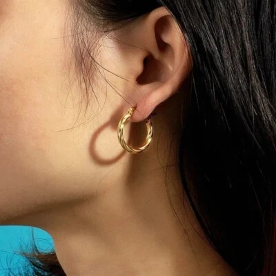 14K Real Solid Yellow Gold Filled Round Creole Hoops Earrings Small Size 15MM - Image 1 of 4