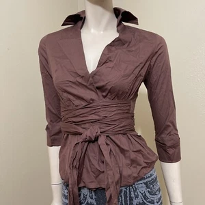 Women’s Brown Cotton Casual Belted 3/4 Sleeve Size S Button Up Blouse Top Shirt - Picture 1 of 12