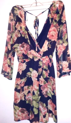 Silky romper, S, floral, long sleeve, v neck, v back, USA - Image 1 of 4