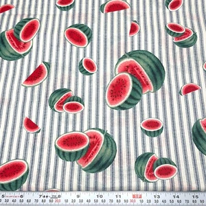 Vintage Wamsutta Ticking Stripes & Watermelons Cotton Fabric Remnant 15" x 45" - Picture 1 of 2