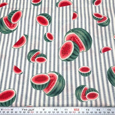Vintage Wamsutta Ticking Stripes & Watermelons Cotton Fabric Remnant 15" x 45" - Image 1 of 2