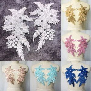 1 Pairs DIY Bridal Lace Applique Floral Corded Wedding Motif Lace Applique Trim - Picture 1 of 21