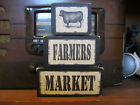 Wooden Sign Set Farmers Market with Cow Primitive Farmhouse Stacking Blocks