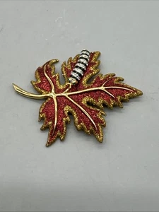 Joan Rivers Red Glittering Maple Leaf With Rhinestone Caterpillar Brooch Vintage - Picture 1 of 6