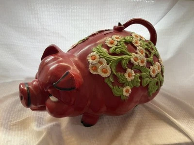 VINTAGE 1976 UNIVERSAL STATUARY CORP LARGE RED PLASTIC FLORAL PIG PIGGY BANK 19" - Image 1 of 4