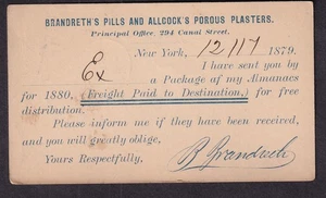 1879 Postkarte Brandreth's Pills and Allcock's Porous Plasters NY/Almanache - Bild 1 von 2