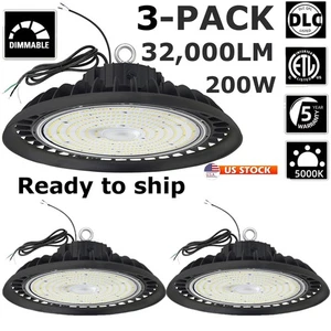 3 Pack 200 Watt High Bay LED Shop Warehouse Lights 5000K Daylight 0-10V Dimmable - Picture 1 of 19