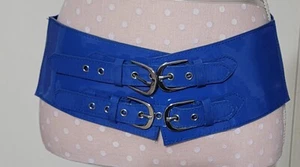 90s Retro Electric Blue Patent Leather Double Buckel Hip Stretch Belt - Picture 1 of 4
