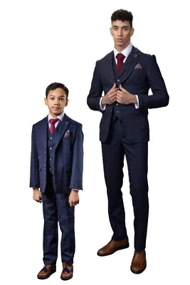 Mens Boys Tweed Suit Windowpane Check Father Son Navy Tailored Fit 3 Piece Set - Image 1 of 4