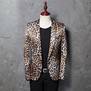 Men Leopard Print Notch Neck V Neck Suit Slim Jacket Party Cocktail Costume Tops