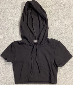 Lux LA Crop Top Women’s Small Black Hooded Short Sleeve - Picture 1 of 6
