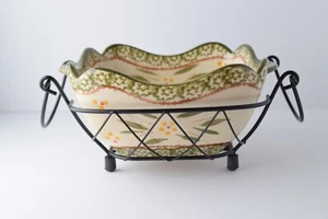 Temptations Old World Green Square Scalloped Serving Bowl w/Rack 1qt - Picture 1 of 7