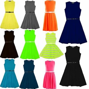 Girls Skater Dress Kids Party Dresses With Free Belt Age 7 8 9 10 11 12 13 Years - Picture 1 of 119