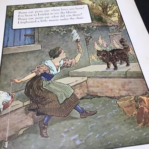 Vtg Pussy Cat London Queen 1910s Mother Goose Print Wall Art 9x12" - Picture 1 of 18