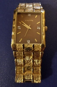 Men's ELGIN Gold Tone Diamond Accents Bronze Dial Dress Bracelet Watch FG7002 - Picture 1 of 5
