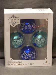 December Home Handcrafted 3" Glass Ornament Set of 4 Blue Green - Picture 1 of 2
