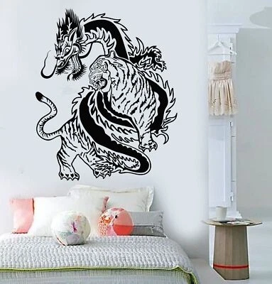 Vinyl Wall Decal Chinese Dragon Tiger Fight China Asian Art Stickers (307ig) - Image 1 of 3