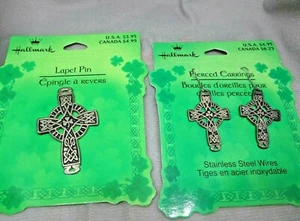 Conjunto de trébol cruz celta HALLMARK solapa pasador pendientes perforados San Patricio irlandés - Imagen 1 de 10