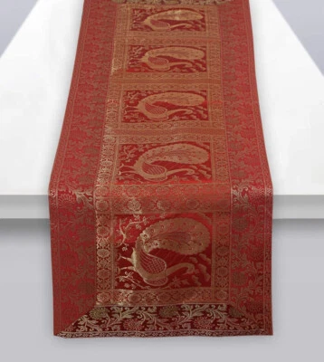 Silk Brocade Indian Banarasi Peacock Style Table Runner Diwali Room Decor 16"X60 - Image 1 of 4