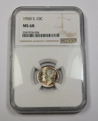 1950 S NGC MS68 | TONED Silver Roosevelt Dime - 10c US Coin #40337A - Image 1 of 4