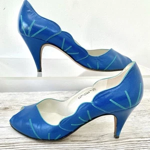 GINA LONDON Court Shoes Blue Green Leather Perp Toe Size 5.5 VGC - Picture 1 of 8